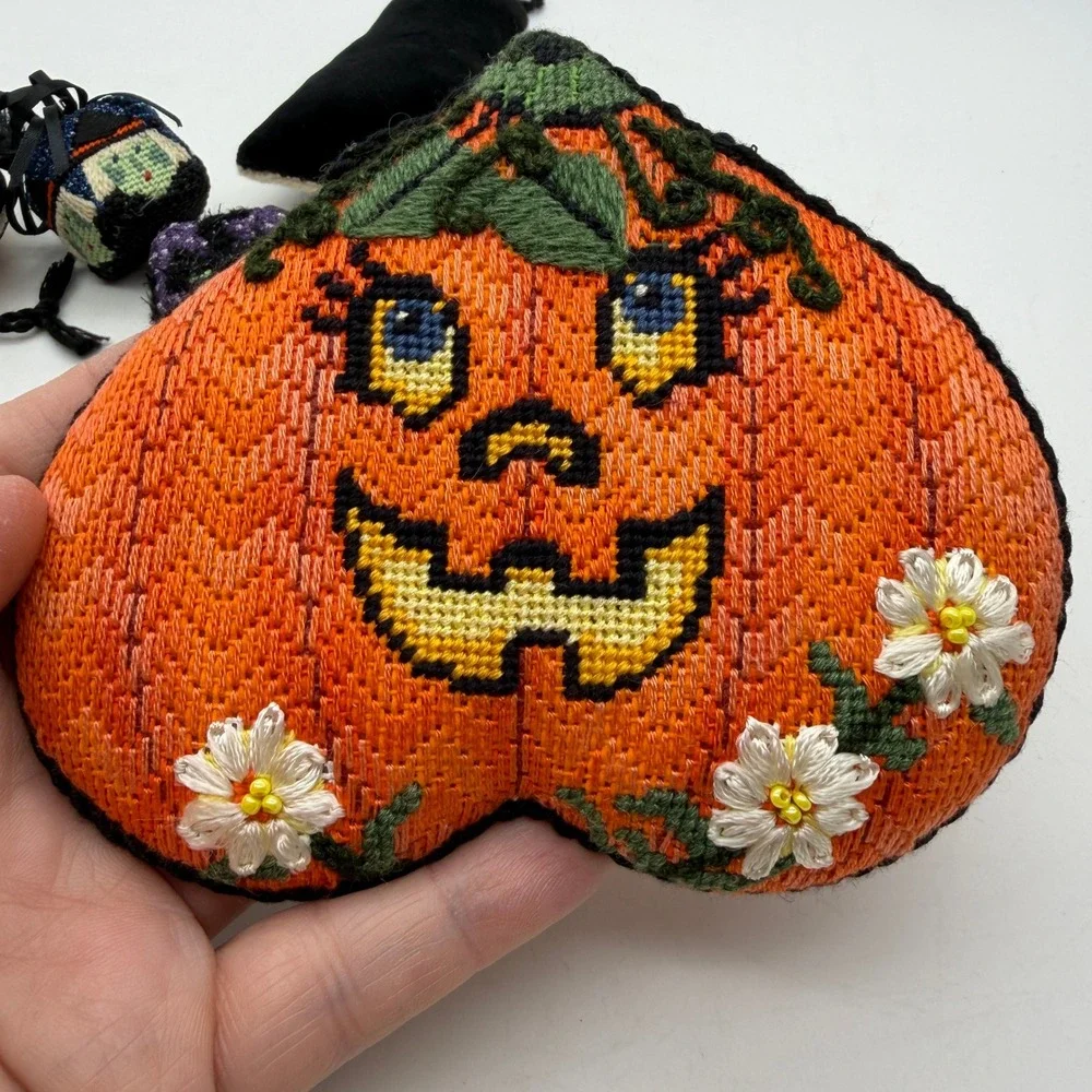 Halloween Needlepoint Ornament Set Witch Pumpkin Bat Ghost 6pc Decor